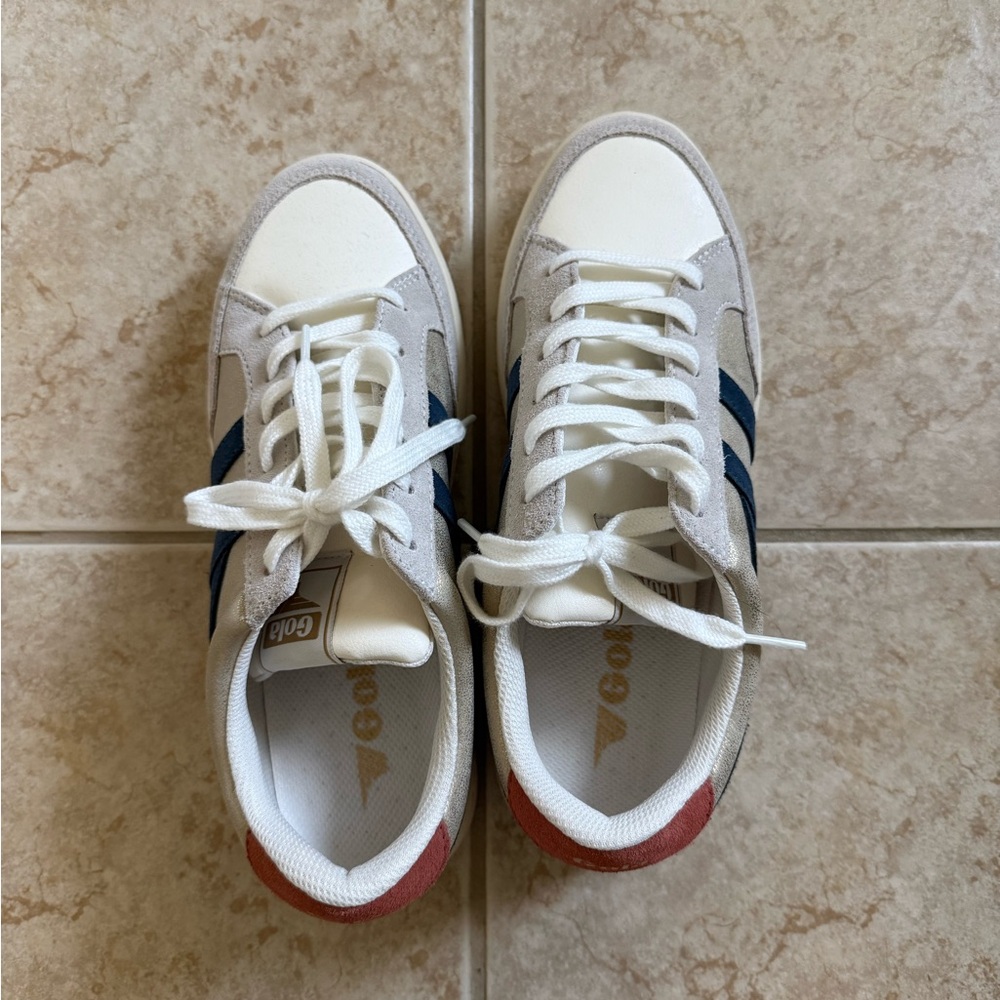 Gola Beige Sneakers with Navy Stripes and Orange Heel Accent - Picture 4 of 6